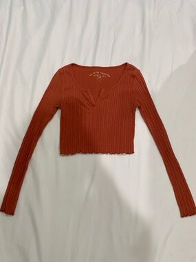 Aeropostale Ribbed V-Notch Long Sleeve Crop Top - Rust